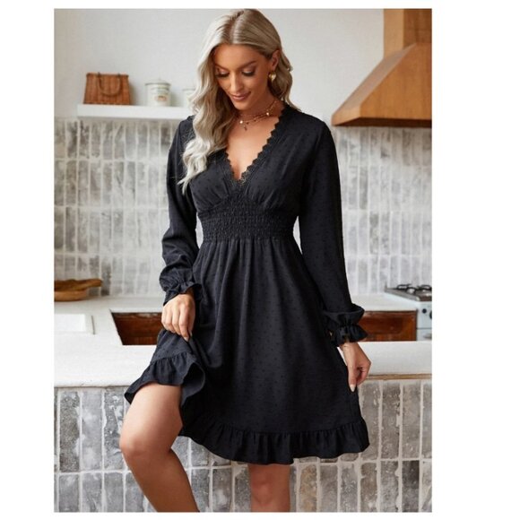 SHEIN Frenchy Swiss Dot Flounce Sleeve Guipure Lace Trim Shirred Dress L - Picture 1 of 14